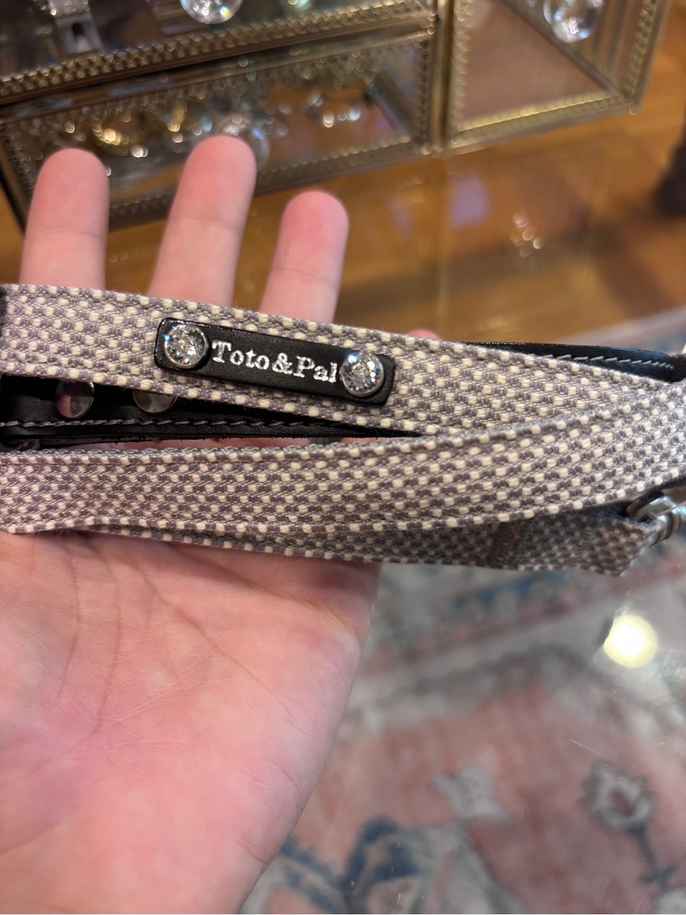 Toto & Pal Gray & Cream Textured Dog Leash with Swarovski Crystal Studded Tag